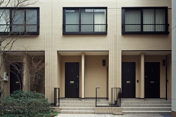 Fototapeta premium Texture of modern urban living in a quiet neighborhood featuring stylish architecture and well-maintained entrances in the late afternoon light