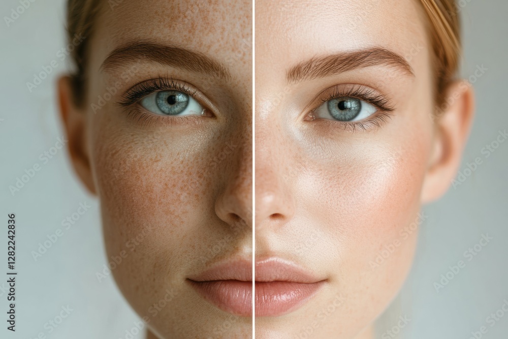 Aufkleber Facial comparison showing wrinkles on one side and smooth skin on the other side highlighting aging effects and beauty standards. Generative AI