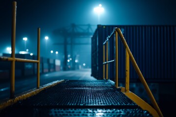 Bridge over a train yard with a yellow railing