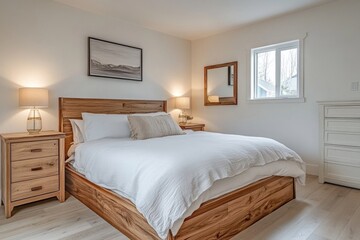 Bright, airy bedroom with wooden platform bed, white linens, and natural light.