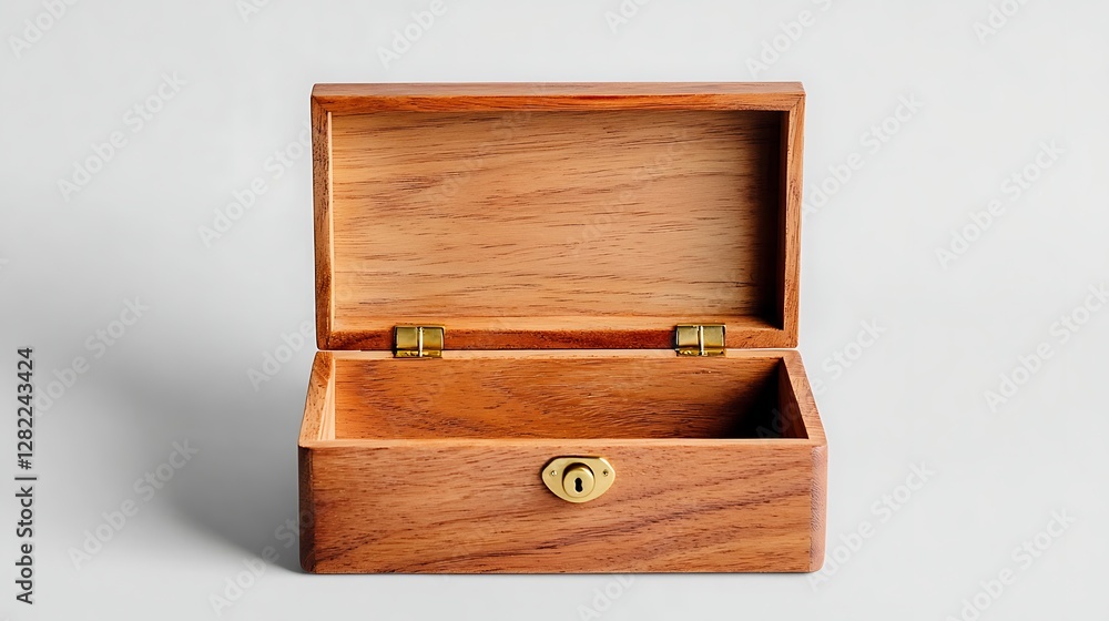 Aufkleber rustic open wooden box with brass latch and hinges treasure container storage solution object