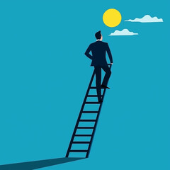 Ein Mann auf einer Leiter strebt nach den Wolken und der Sonne

