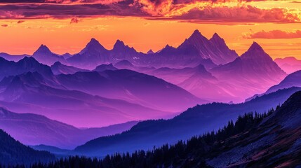 Obraz premium Sunset over layered purple mountains, coniferous forest foreground, nature landscape, travel poster