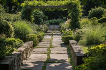 The stunning garden pathway is nestled amidst lush greenery, adorned with vibrant flowers, creating a serene landscape bathed in the gentle light of mid-morning