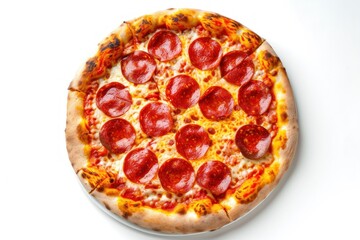 Pizza. Pepperoni Pizza. Classic Italian Pizza with Spicy Pepperoni Slices, Mozzarella Cheese, and Rich Tomato Sauce. Pepperoni Pizza Isolated on a Background with Copy Space.