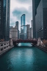 Obraz premium Urban skyline view of Chicago featuring modern architecture, a river, and a historic bridge surrounded by tall buildings on an overcast day