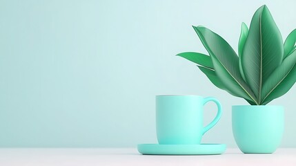 Serene Still Life with Green Potted Plant and Tea Cup on White Tabletop Against Light Blue Backdrop