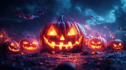 Halloween Illustration with Happy Halloween Text, Pumpkins, Bats, and Spider Web in Vintage Cartoon Style