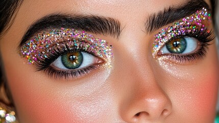 Close-up woman's eyes, glitter makeup, beauty, studio