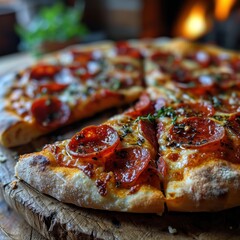 Pizza. Pepperoni Pizza. Classic Italian Pizza with Spicy Pepperoni Slices, Mozzarella Cheese, and Rich Tomato Sauce. Pepperoni Pizza Isolated on a Background with Copy Space.