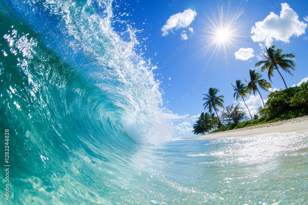 Poster wave crashing into the ocean with palm trees in the background