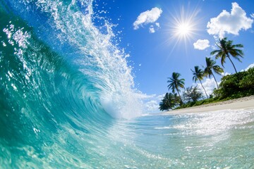 Wave crashing into the ocean with palm trees in the background