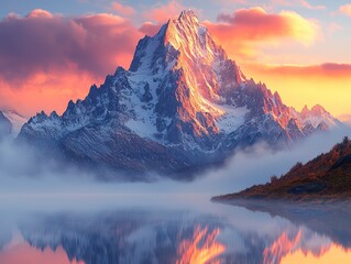 Majestic mountain sunrise, serene lake reflection, misty valley