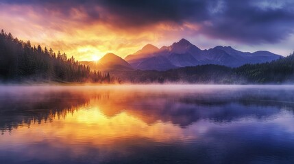 Sunrise over misty mountain lake