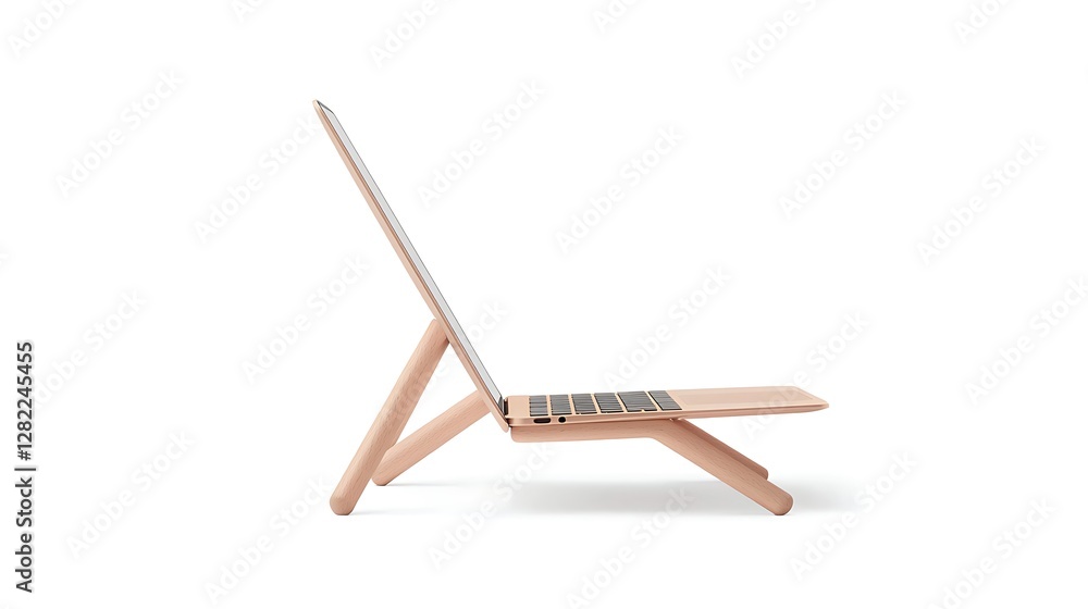 Poster simple computer laptop on wooden stand isolated presentation tech device light background clean mode