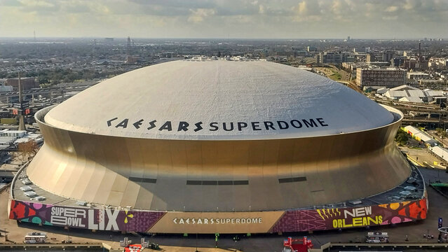 Caesars Superdome in New Orleans decorated with Super Bowl LIX signage