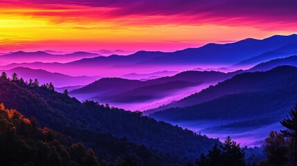 Fototapeta premium Vibrant sunrise over misty mountain range