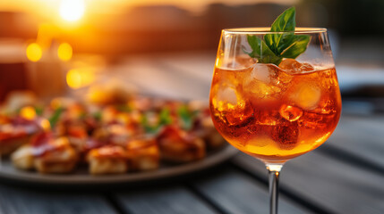 Glass of spritz cocktail with ice cubes and basil leaf on a wooden table at sunset, with appetizers in the background