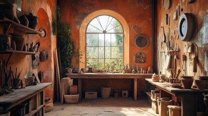 Fototapeta premium Sunlit Artisan Workshop: Rustic Pottery and Tools