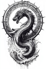 Drachenkunstwerk in stilisiertem Design mit mystischem Rahmen

