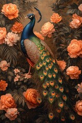 Peacock Illustration in Mughal Art Style with Tropical Flora and Temple Motif