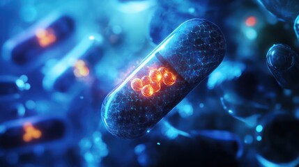 Engineers developing graphene-enhanced drug capsules, compact glowing systems revolutionizing medication delivery