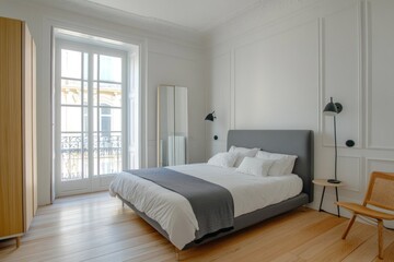 Bright bedroom with double bed, French doors, and wooden floors.