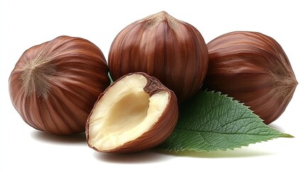 Hazelnuts with leaf on white whole and cracked