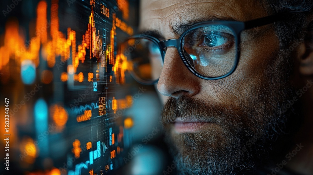 Poster a focused man analyzing financial data on a screen, with glowing graphs in a tech environment