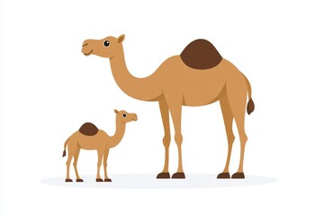 Baby camel is standing next to a larger camel
