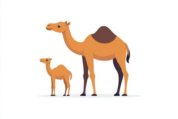 Baby camel is standing next to a larger camel