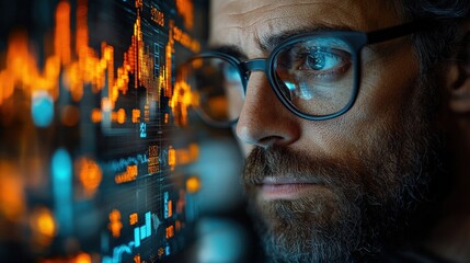 A focused man analyzing financial data on a screen, with glowing graphs in a tech environment