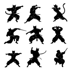 Set of icons featuring cats practicing martial arts in dynamic poses, playful concept