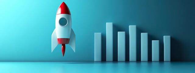Rocket Flying Over Bar Graph Financial Growth Success Concept 3D Illustration