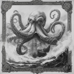 Furchterregender Kraken aus den Tiefen des Meeres in dramatischer Szenerie

