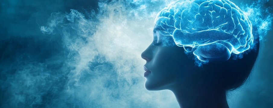 Woman relaxing with glowing brain showing memory and creativity