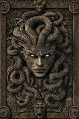 Medusa mit Schlangenhaaren in eindrucksvoller, k&uuml;nstlerischer Darstellung

