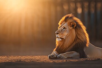 Lion is laying on the ground in the sun