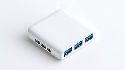 Square White USB Hub Device Ports Technology Data Transfer Connectivity Peripheral Modern Electronics