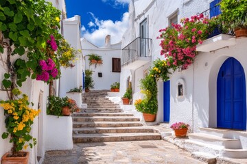 Naklejka premium Narrow street with a white building and blue doors