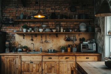 Rustic farmhouse kitchen with wooden cabinets, vintage decor, and warm lighting