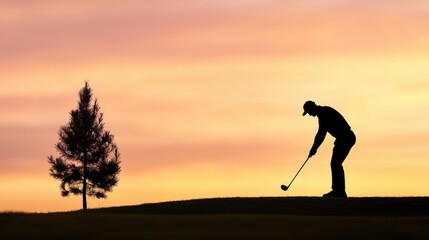 Golfer silhouette putting at sunset, tree in background