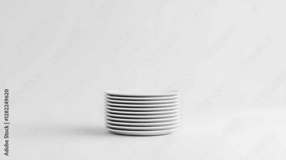 Poster stack of simple white ceramic plates on a plain background for culinary presentation and table setti