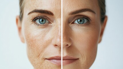 Transformation of a womans face displaying age and youth on contrasting sides with visible wrinkles and smooth skin. Generative AI