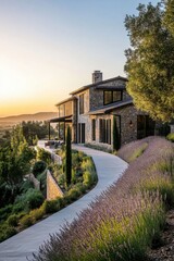 Elegant stone house with a landscaped pathway in a serene sunset view over rolling hills and lavender fields in a tranquil countryside setting