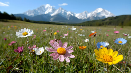 Fototapeta premium Wildflowers meadow, mountain backdrop, sunny day, nature scene