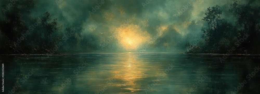 Poster abstract expressionist artwork with textured layers of earthy tones and soft greens enhanced by ambi