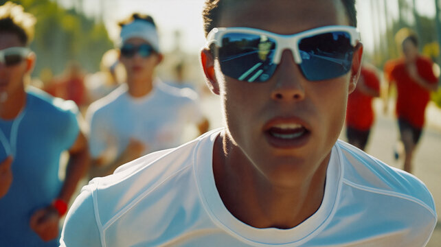 A group of enthusiastic runners participate in a race on a sunny day, showcasing determination and energy as they navigate the bustling streets - Generative AI