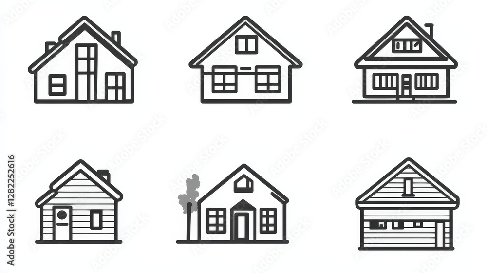 Poster collection of six distinct house icons showcasing various architectural styles and features
