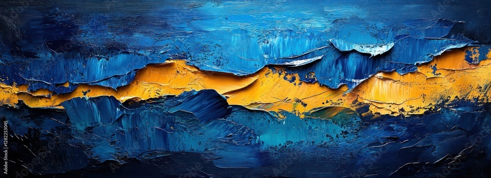 Poster bold colorful abstract expressionism painting with dynamic texture and brush strokes in deep blue an